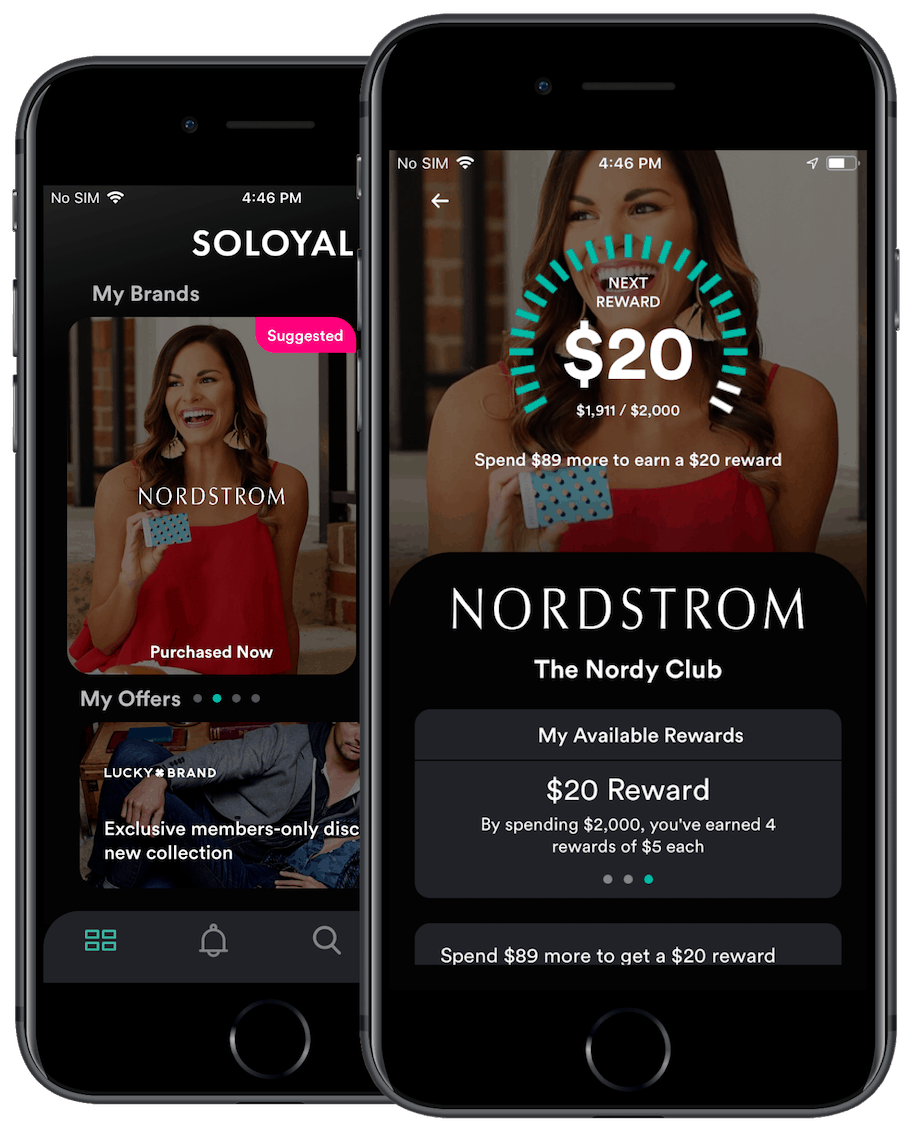 The SoLoyal app dashboard showing linked and tracked loyalty programs and offers from brands, next to Nordstrom's brand page.