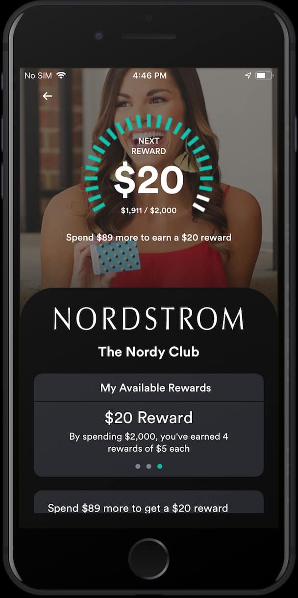 Nordstrom's loyalty program linked to the SoLoyal app, counting the number of Nordy Club rewards points the user has earned.