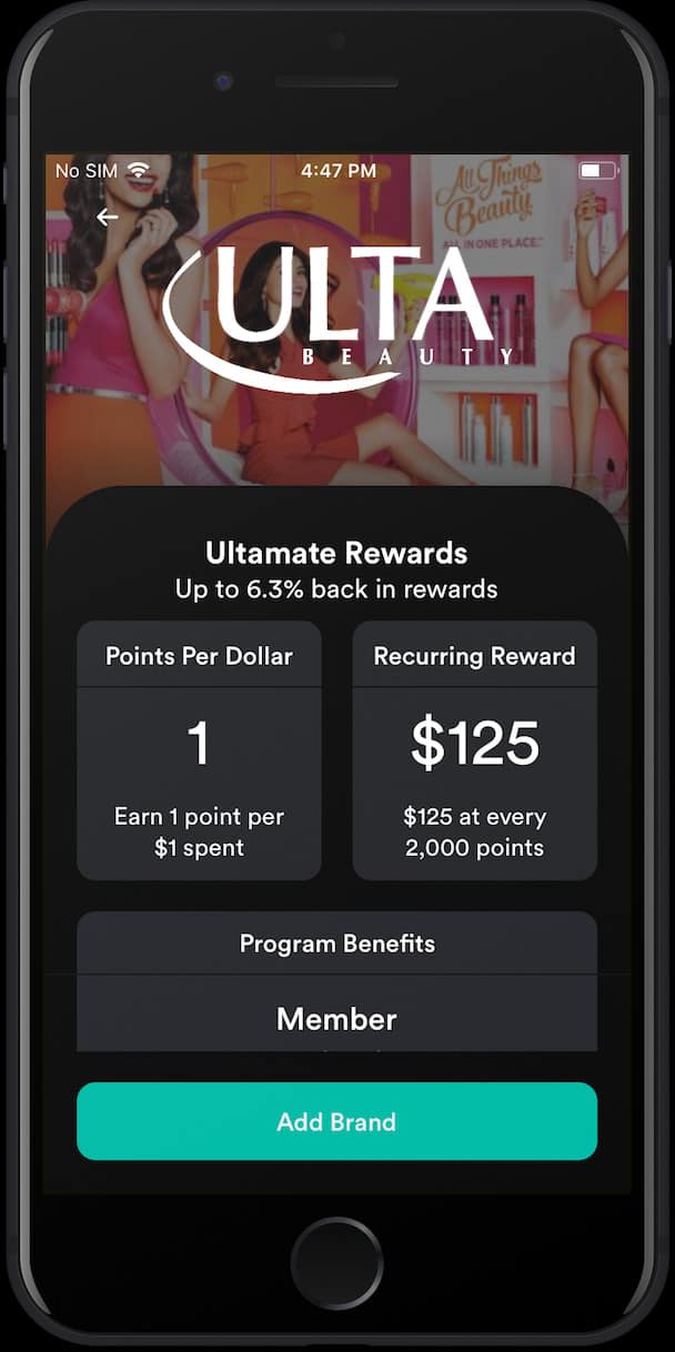 Ulta Beauty's loyalty program linked to the SoLoyal app, counting the number of Ulatamate Rewards points the user has earned.