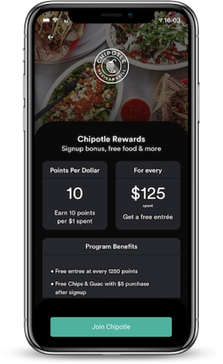 A mobile phone showing Chipotle Rewards on SoLoyal.
